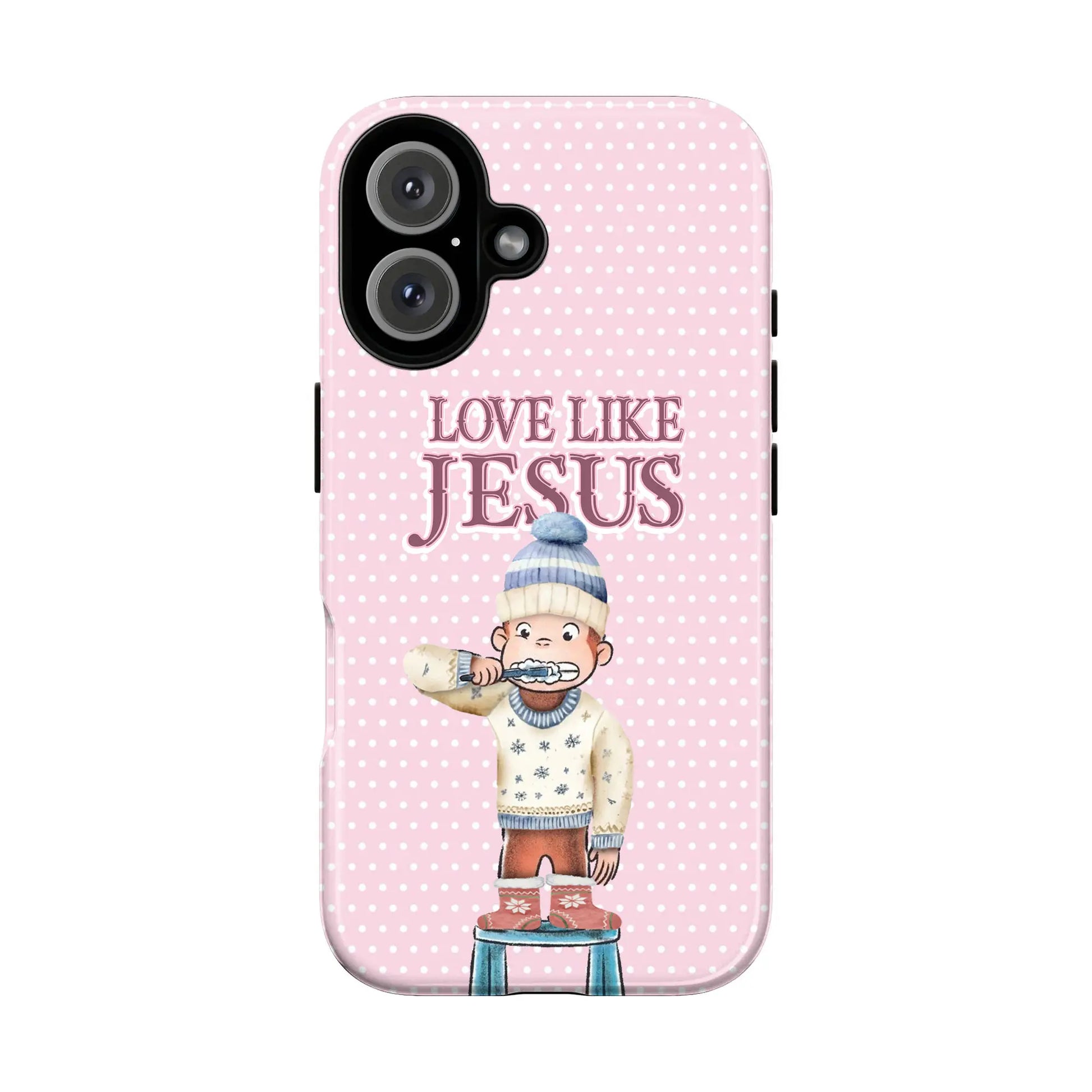 Love like Jesus Christmas Phone Case – Cute Monkey Cartoon with Holiday Sweater, Festive Lights & Christian Bible Quote | Religious Inspirational Cover for Iphone 17, 16, 15, 14, 13, Samsung Galaxy S20 S21 S22 S23 S24 plus Ultra | Christian Gift