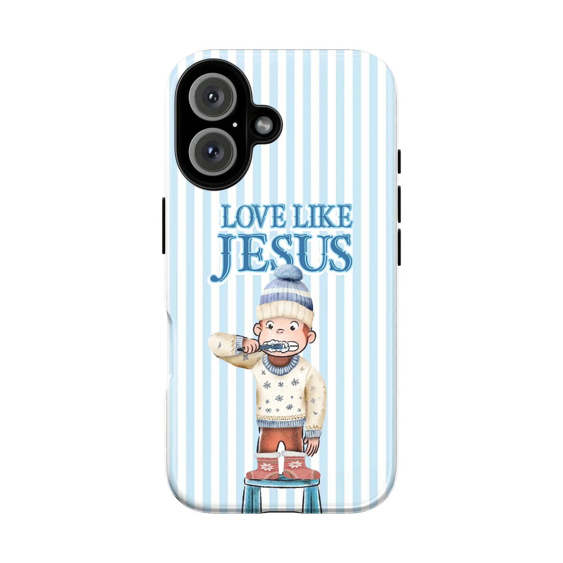 Love like Jesus Christmas Phone Case – Cute Monkey Cartoon with Holiday Sweater, Festive Lights & Christian Bible Quote | Religious Inspirational Cover for Iphone 17, 16, 15, 14, 13, Samsung Galaxy S20 S21 S22 S23 S24 plus Ultra | Christian Gift