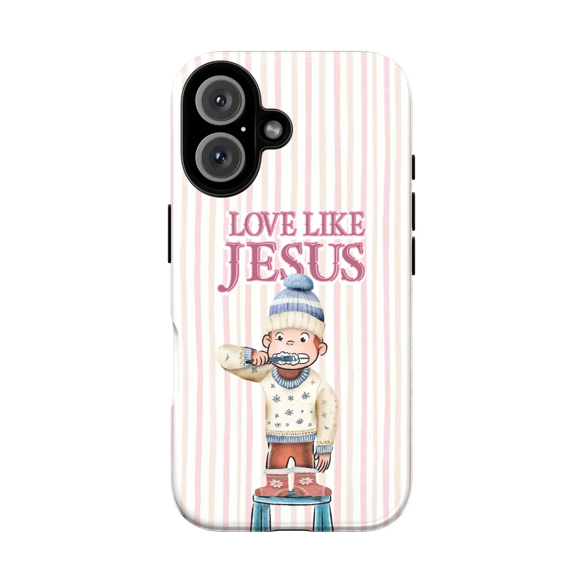 Love like Jesus Christmas Phone Case – Cute Monkey Cartoon with Holiday Sweater, Festive Lights & Christian Bible Quote | Religious Inspirational Cover for Iphone 17, 16, 15, 14, 13, Samsung Galaxy S20 S21 S22 S23 S24 plus Ultra | Christian Gift
