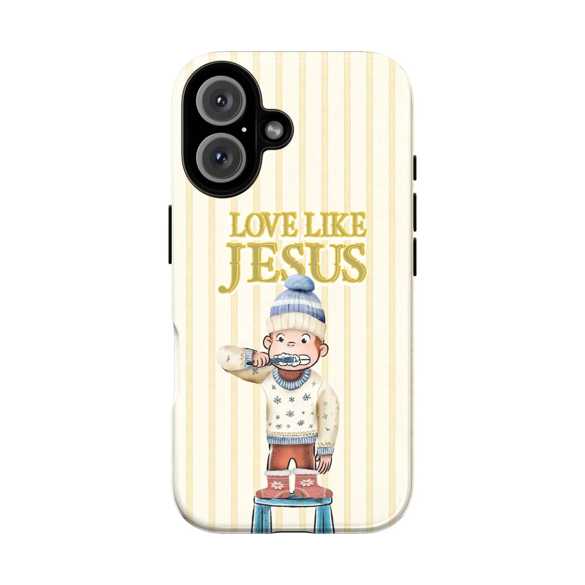 Love like Jesus Christmas Phone Case – Cute Monkey Cartoon with Holiday Sweater, Festive Lights & Christian Bible Quote | Religious Inspirational Cover for Iphone 17, 16, 15, 14, 13, Samsung Galaxy S20 S21 S22 S23 S24 plus Ultra | Christian Gift